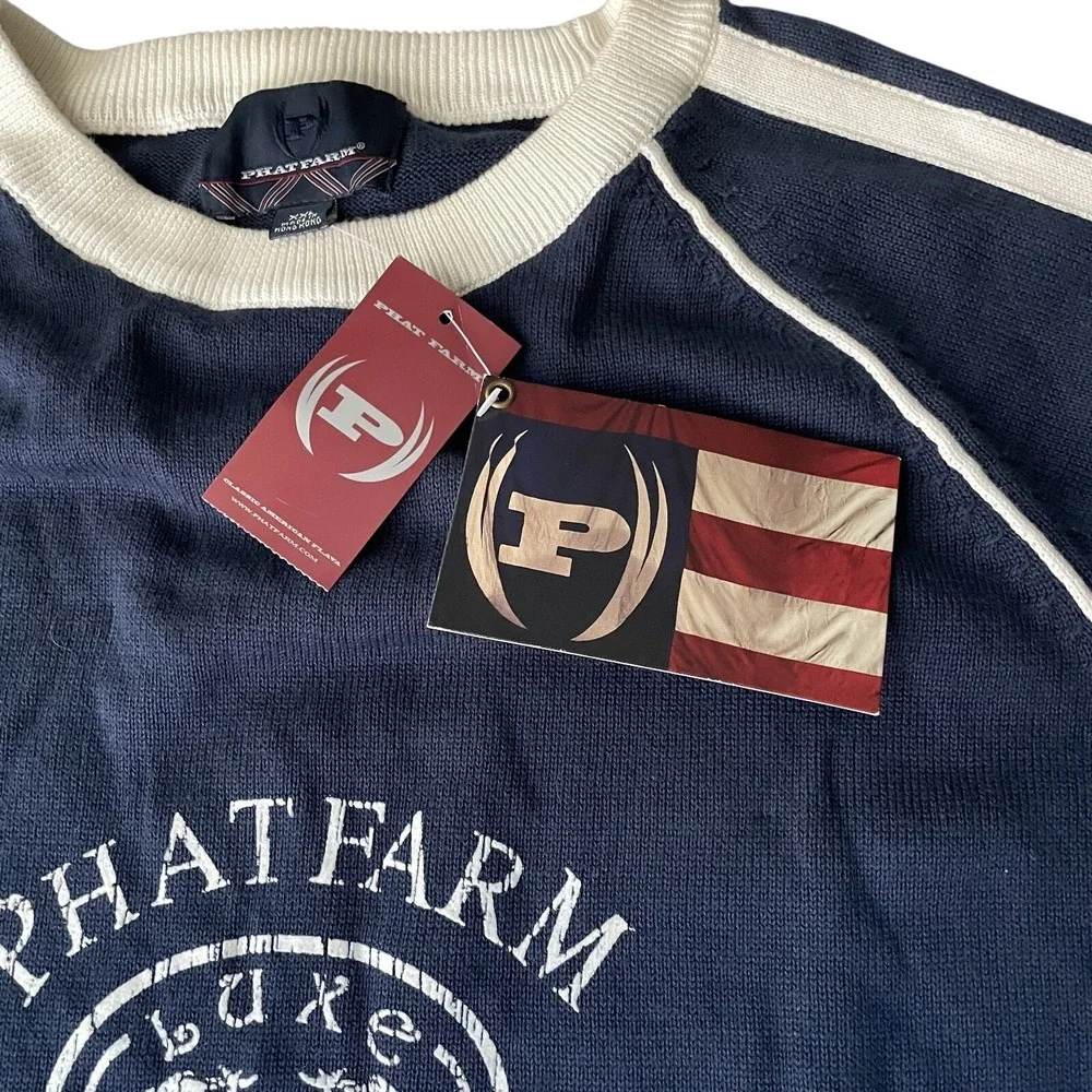 Phat Farm Navy Luxe Sportsman Vintage Crewneck‎ Sweater Mens XXL Hip Hop NOS